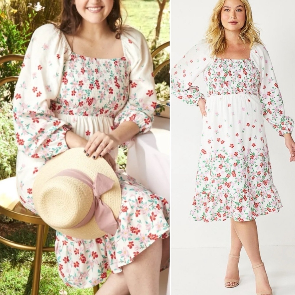 BOGO! Draper James Smocked Floral Linen Blend Midi Dress Size Small - Picture 2 of 11